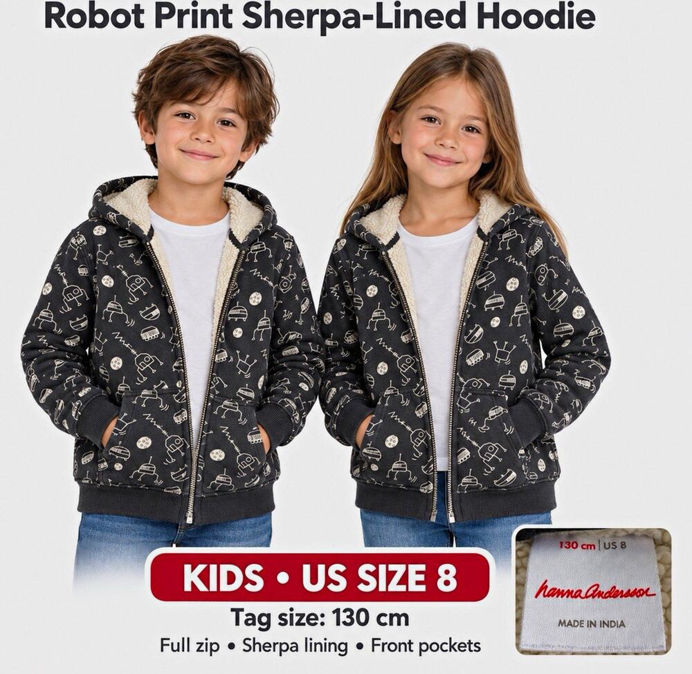 Hanna Andersson Robot Print Sherpa-Lined Full Zip Hoodie Kids 8 Black/White